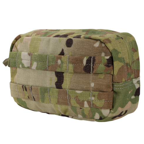 The Condor Utility Pouch in Scorpion OCP features a rectangular shape, camouflage pattern, horizontal stitched loops, and a side zipper, shown against a white background.