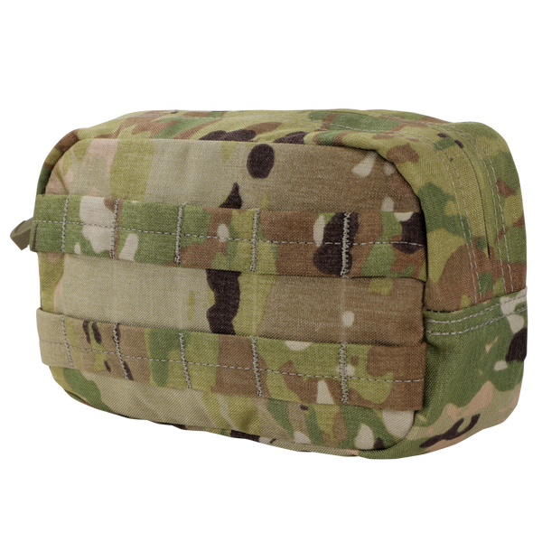 The Condor Utility Pouch in Scorpion OCP features a rectangular shape, camouflage pattern, horizontal stitched loops, and a side zipper, shown against a white background.