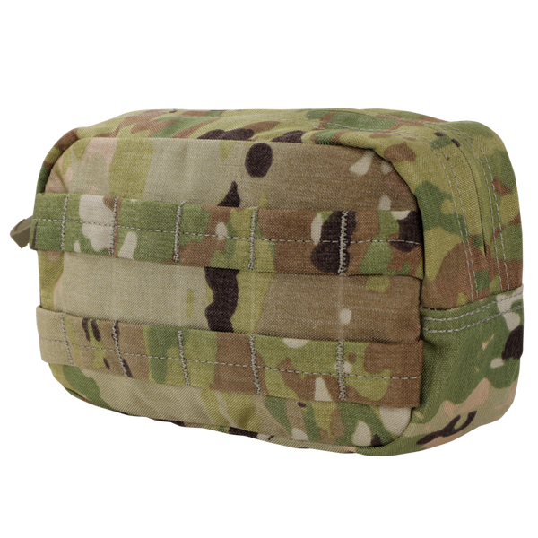 The Condor Utility Pouch in Scorpion OCP features a rectangular shape, camouflage pattern, horizontal stitched loops, and a side zipper, shown against a white background.