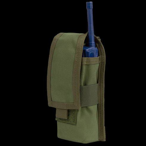 An Olive Drab nylon Condor Radio Pouch with a flap cover holds a blue handheld radio, its antenna partially visible.