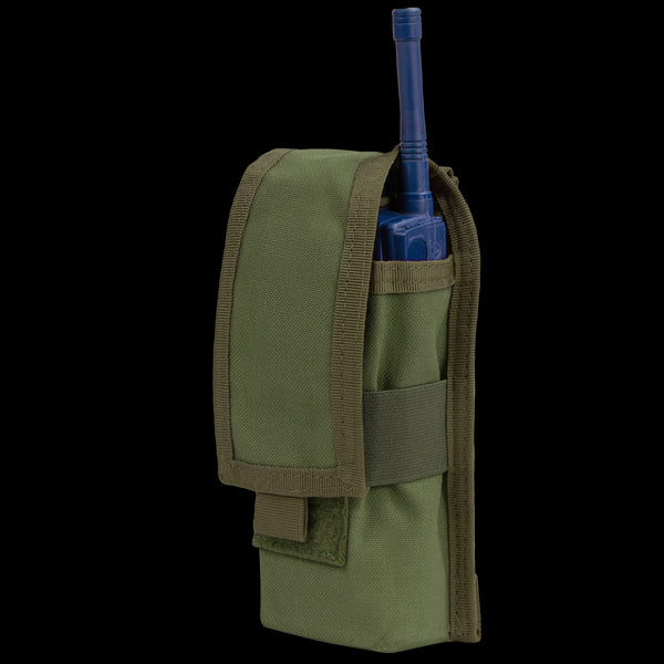 An Olive Drab nylon Condor Radio Pouch with a flap cover holds a blue handheld radio, its antenna partially visible.