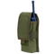 An Olive Drab nylon Condor Radio Pouch with a flap cover holds a blue handheld radio, its antenna partially visible.