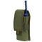 An Olive Drab nylon Condor Radio Pouch with a flap cover holds a blue handheld radio, its antenna partially visible.