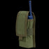 An Olive Drab nylon Condor Radio Pouch with a flap cover holds a blue handheld radio, its antenna partially visible.