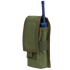 An Olive Drab nylon Condor Radio Pouch with a flap cover holds a blue handheld radio, its antenna partially visible.