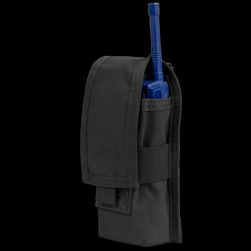 The Condor Radio Pouch in black securely holds a blue two-way radio with an antenna, displayed upright with its flap partially open.