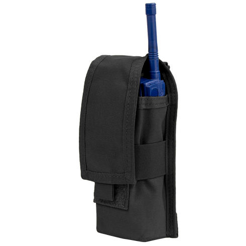 The Condor Radio Pouch in black securely holds a blue two-way radio with an antenna, displayed upright with its flap partially open.