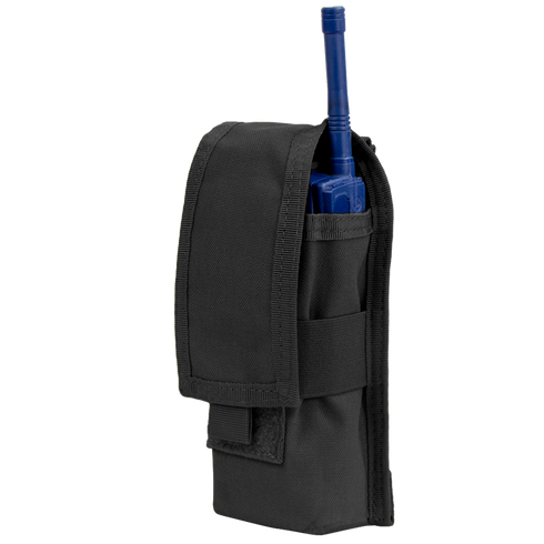 The Condor Radio Pouch in black securely holds a blue two-way radio with an antenna, displayed upright with its flap partially open.