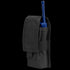 The Condor Radio Pouch in black securely holds a blue two-way radio with an antenna, displayed upright with its flap partially open.