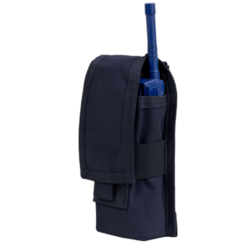 The Condor Radio Pouch is a black fabric case with a flap cover designed to hold a blue handheld radio, allowing the antenna to remain visible.