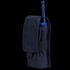 The Condor Radio Pouch is a black fabric case with a flap cover designed to hold a blue handheld radio, allowing the antenna to remain visible.