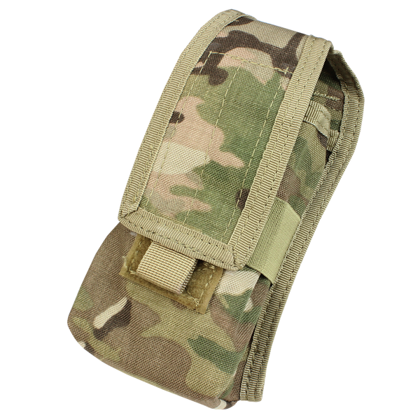 The Condor Radio Pouch in MultiCam is a camouflage-patterned tactical pouch with a flap closure and front Velcro strap, ideal for carrying small gear or accessories.