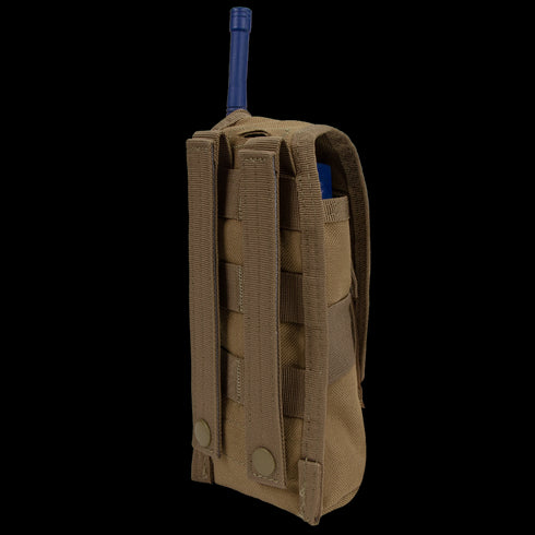 The Condor Radio Pouch is a brown tactical pouch with MOLLE webbing and snap buttons, shown from the back holding a blue object resembling a radio antenna.