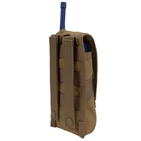 The Condor Radio Pouch is a brown tactical pouch with MOLLE webbing and snap buttons, shown from the back holding a blue object resembling a radio antenna.