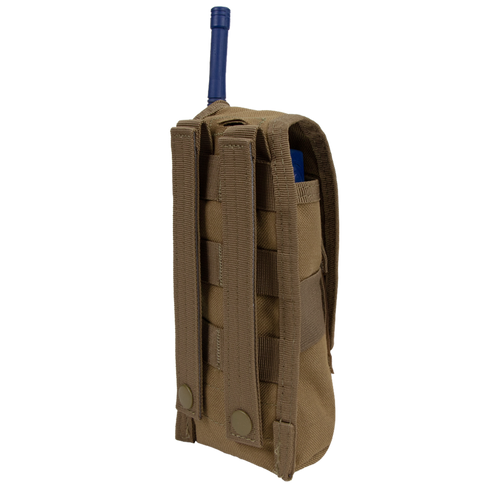 The Condor Radio Pouch is a tan tactical pouch with a blue radio antenna, featuring MOLLE straps and snap buttons on the back for secure attachment.