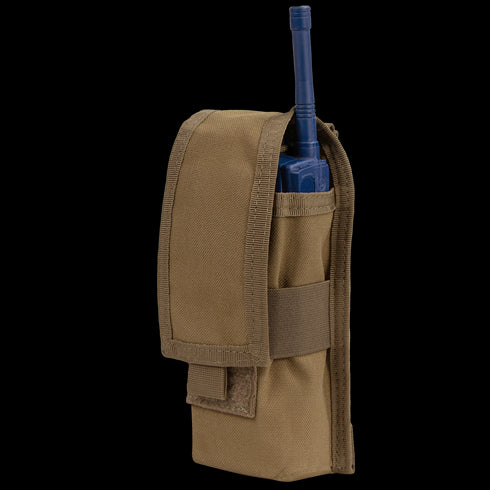 The Condor Radio Pouch is a tan nylon case with a flap cover, designed to hold a blue handheld radio.