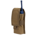 The Condor Radio Pouch is a tan nylon case with a flap cover, designed to hold a blue handheld radio.