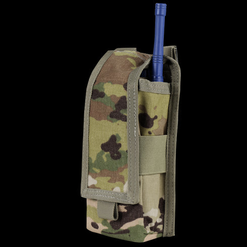 A Condor Radio Pouch in Scorpion OCP camouflage with a partially visible blue baton or antenna inside.