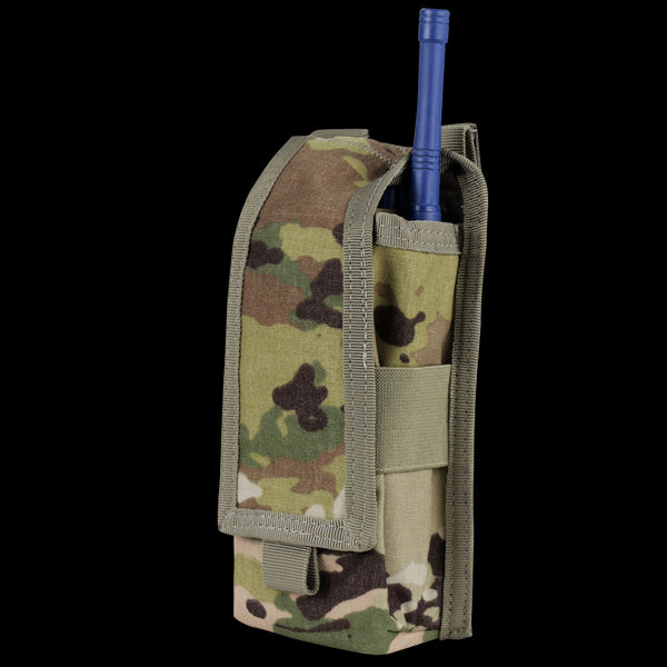 A Condor Radio Pouch in Scorpion OCP camouflage with a partially visible blue baton or antenna inside.