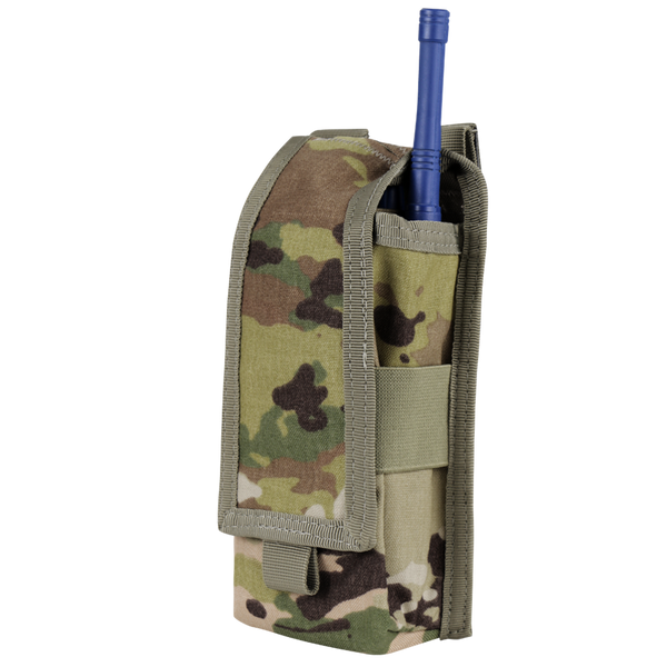A Condor Radio Pouch in Scorpion OCP camouflage with a partially visible blue baton or antenna inside.