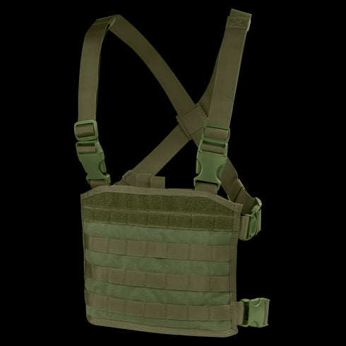 The Condor Modular Chest Panel in Olive Drab features adjustable shoulder and waist straps, MOLLE webbing, and quick-release buckles.