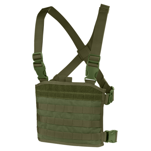 The Condor Modular Chest Panel in Olive Drab features adjustable shoulder and waist straps, MOLLE webbing, and quick-release buckles.