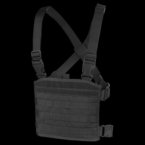 The Condor Modular Chest Panel is a black tactical rig with adjustable shoulder straps and horizontal webbing, ideal for first responders or bushcraft enthusiasts needing secure gear attachment.