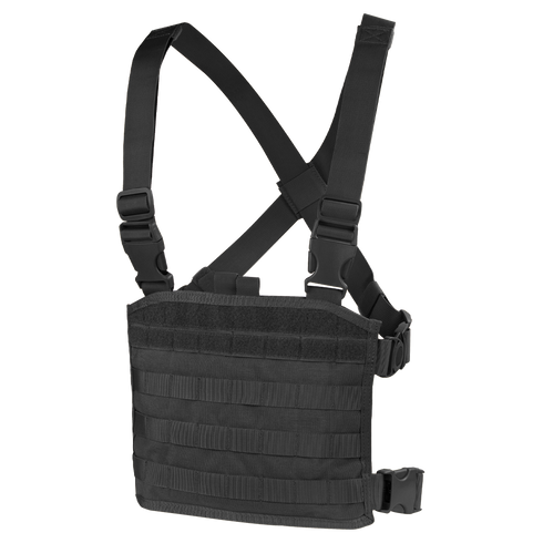 The Condor Modular Chest Panel is a black tactical rig with adjustable shoulder straps and horizontal webbing, ideal for first responders or bushcraft enthusiasts needing secure gear attachment.