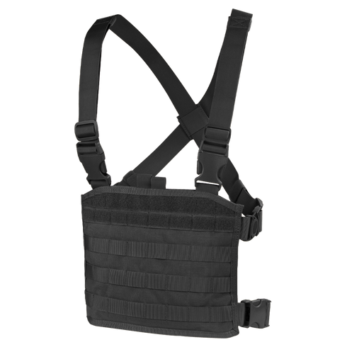 The Condor Modular Chest Panel is a black tactical rig with adjustable shoulder straps and horizontal webbing, ideal for first responders or bushcraft enthusiasts needing secure gear attachment.