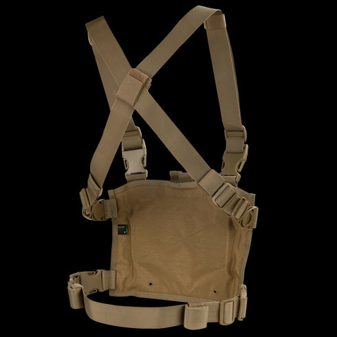 The Condor Modular Chest Panel is a brown tactical rig with adjustable shoulder and waist straps, plastic buckles, and a central gear pouch—perfect for bushcraft or the range. Shown on a white background.