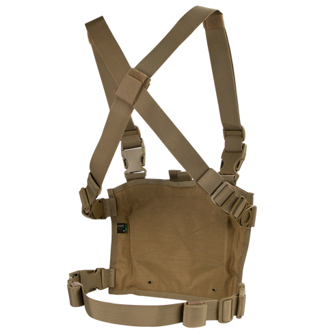 The Condor Modular Chest Panel is a brown tactical rig with adjustable shoulder and waist straps, plastic buckles, and a central gear pouch—perfect for bushcraft or the range. Shown on a white background.