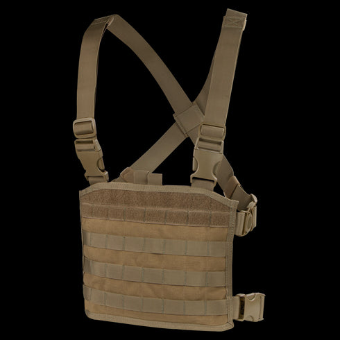 The Condor Modular Chest Panel in tan features adjustable shoulder and waist straps plus MOLLE webbing for modular pouch attachment—ideal for bushcraft adventures or a day at the shooting range.