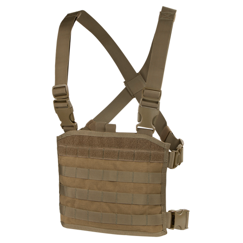 The Condor Modular Chest Panel in tan features adjustable shoulder and waist straps plus MOLLE webbing for modular pouch attachment—ideal for bushcraft adventures or a day at the shooting range.