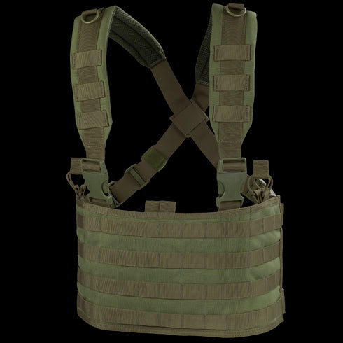 The Condor Ops Chest Rig in Olive Drab features padded shoulder straps and MOLLE webbing for modular attachments, shown on a white background.