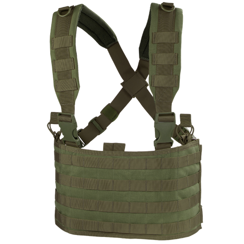 The Condor Ops Chest Rig in Olive Drab features padded shoulder straps and MOLLE webbing for modular attachments, shown on a white background.