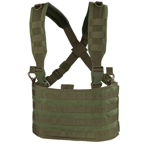 The Condor Ops Chest Rig in Olive Drab features padded shoulder straps and MOLLE webbing for modular attachments, shown on a white background.