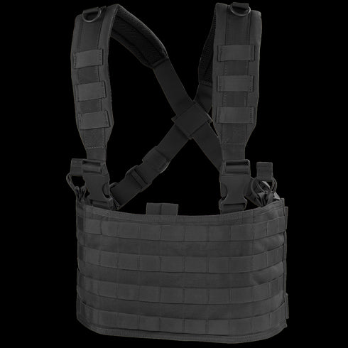The Condor Ops Chest Rig features adjustable shoulder straps, front MOLLE webbing, and side buckle closures, shown here in black against a white background.