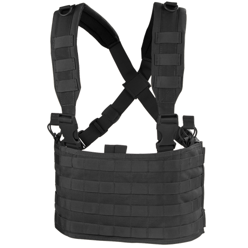 The Condor Ops Chest Rig features adjustable shoulder straps, front MOLLE webbing, and side buckle closures, shown here in black against a white background.