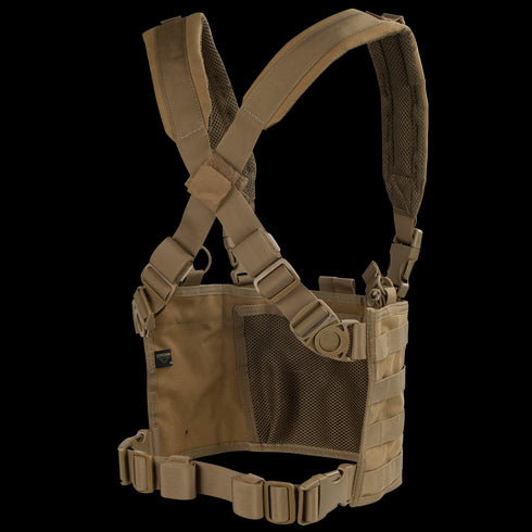The Condor Ops Chest Rig features adjustable shoulder straps, a mesh back panel, and MOLLE webbing for attaching gear.