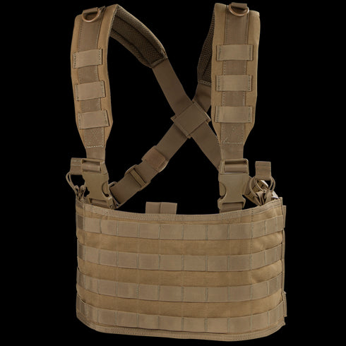 The Condor Ops Chest Rig is a tan tactical chest rig with adjustable shoulder straps and multiple attachment points, designed for carrying equipment.