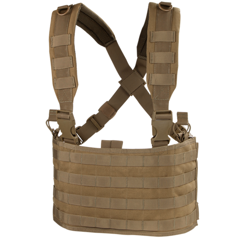 The Condor Ops Chest Rig is a tan tactical chest rig with adjustable shoulder straps and multiple attachment points, designed for carrying equipment.