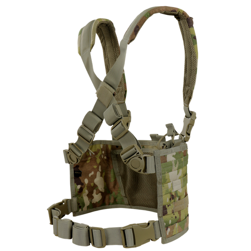 The Condor Ops Chest Rig - Scorpion OCP features adjustable straps, mesh backing, and multiple gear attachment points.