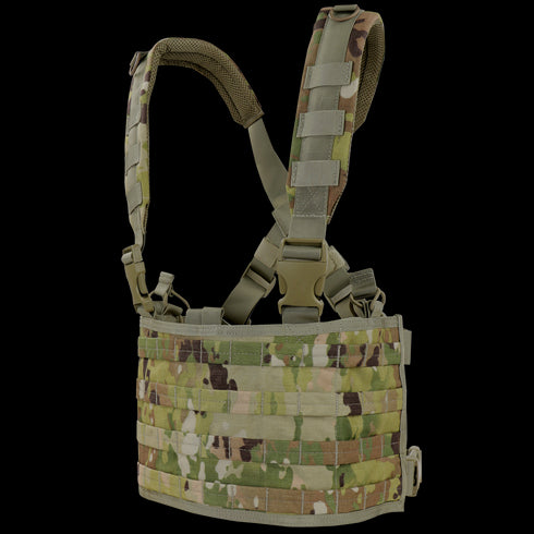 The Condor Ops Chest Rig in Scorpion OCP features adjustable shoulder straps and multiple rows of MOLLE webbing for gear attachment.