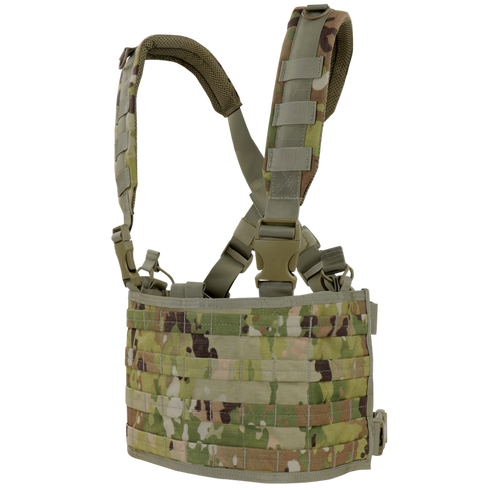 The Condor Ops Chest Rig in Scorpion OCP features adjustable shoulder straps and multiple rows of MOLLE webbing for gear attachment.