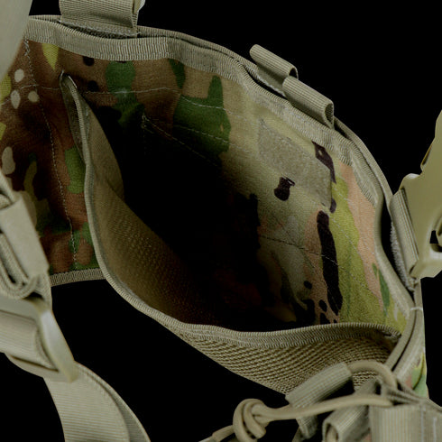 Close-up of the Condor Recon Chest Rig in Scorpion OCP, featuring khaki straps and camouflage fabric, displays its interior and attachment points—ideal for EDC or bushcraft.