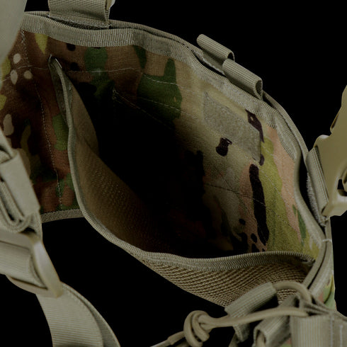 Top view of the Condor Ops Chest Rig in Scorpion OCP, featuring empty interior compartment, visible camouflage fabric pattern, and straps with buckle.