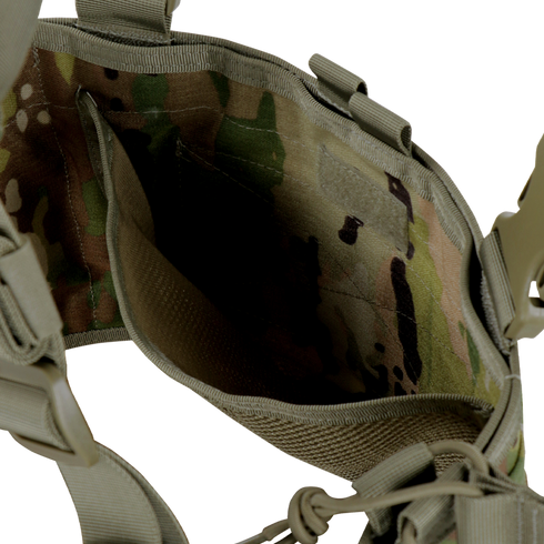 Top view of the Condor Ops Chest Rig in Scorpion OCP, featuring empty interior compartment, visible camouflage fabric pattern, and straps with buckle.