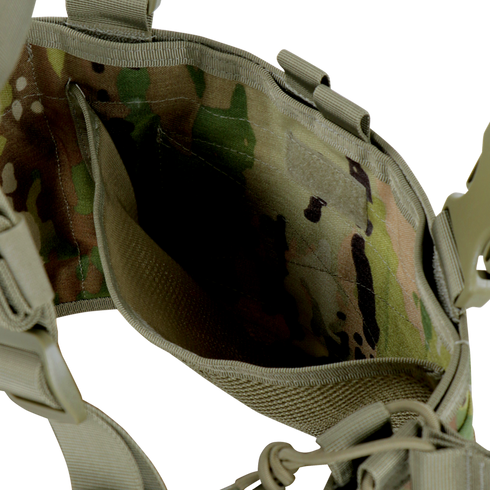 Top view of the Condor Rapid Assault Chest Rig in Scorpion OCP, featuring MOLLE webbing and straps, shown empty.