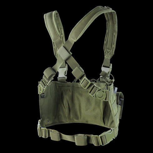 The Condor Recon Chest Rig in MultiCam Black features adjustable straps, mesh panels, and multiple attachment points—ideal for military or law enforcement personnel carrying essential gear and equipment.