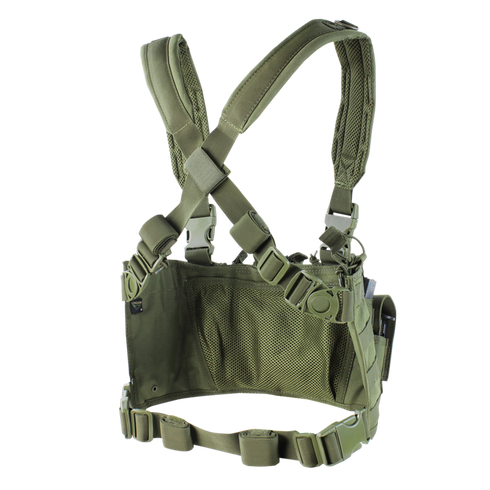 The Condor Recon Chest Rig in MultiCam Black features adjustable straps, mesh panels, and multiple attachment points—ideal for military or law enforcement personnel carrying essential gear and equipment.